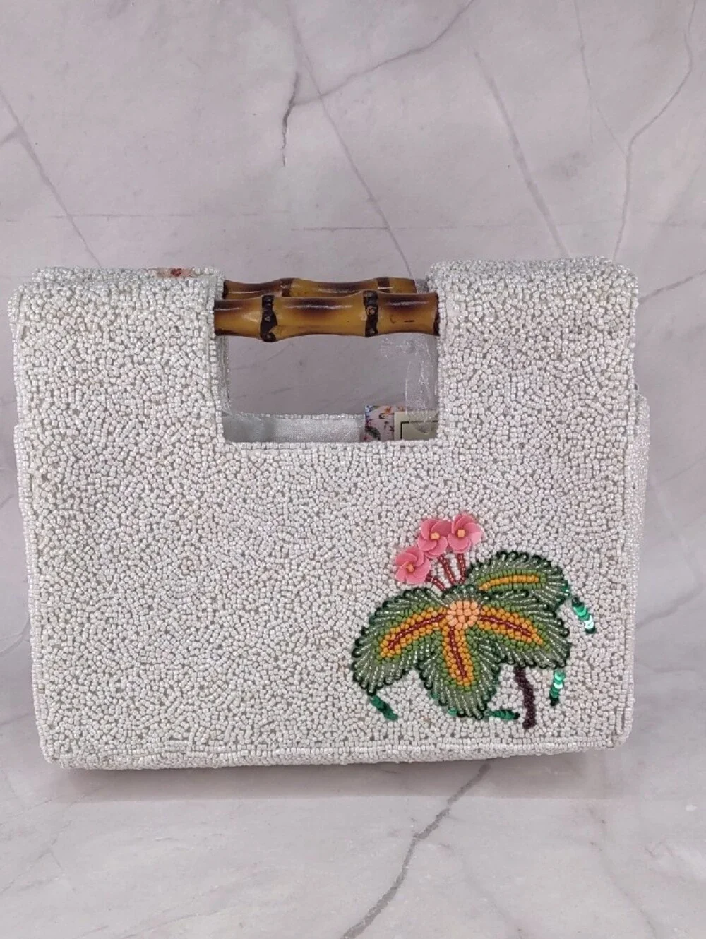 White Beaded Toucan Embellished Top-Handle Bag